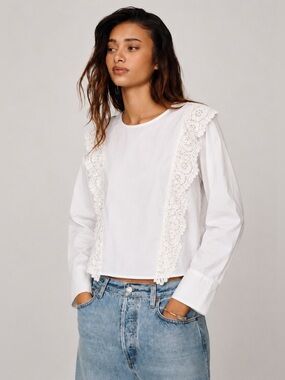 Women's White Lace-Trim Long Sleeve Top 100% Cotton - size S
